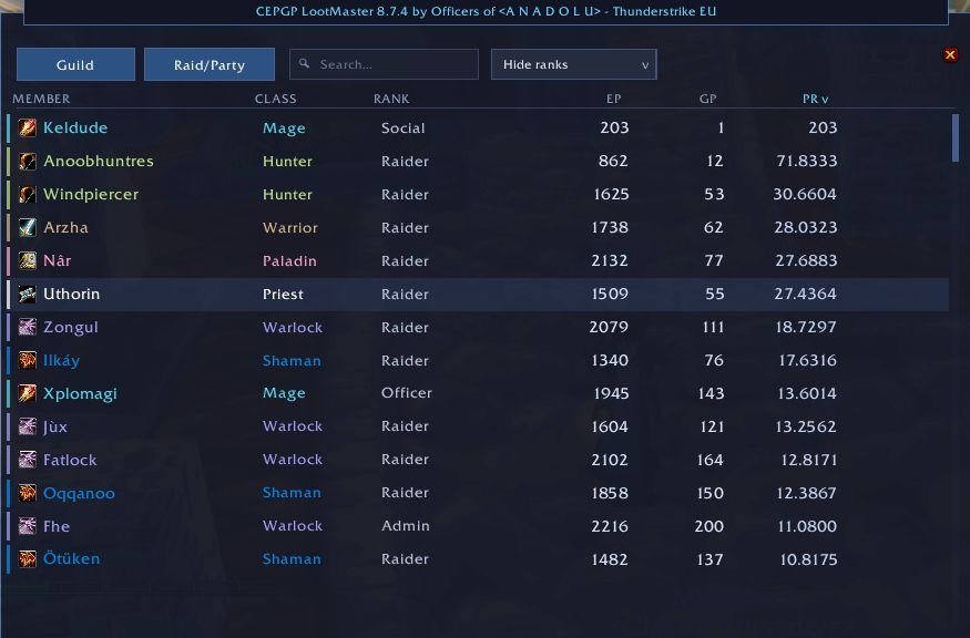CEPGP LootMaster EPGP puan ve öncelik tablosu