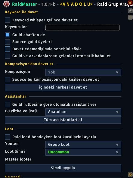 RaidMaster davet, asistan ve loot grup araçları